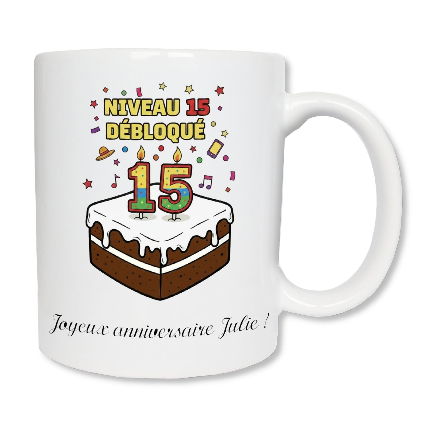 Mug gâteau joyeux anniversaire 15 ans - cadeau anniversaire original personnalisé
