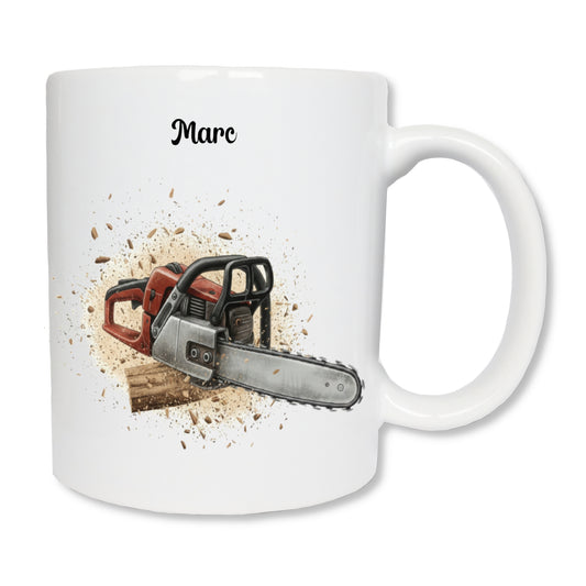 Mug personnalisé bûcheron tronçonneuse avec prénom – cadeau forêt anniversaire fête des pères

