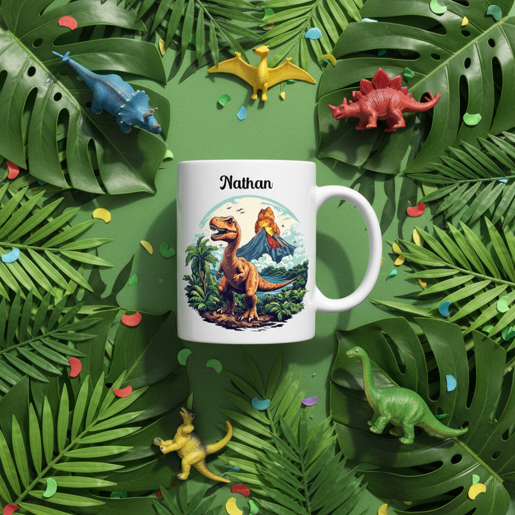 Détail mug dinosaure avec prénom - impression haute qualité
