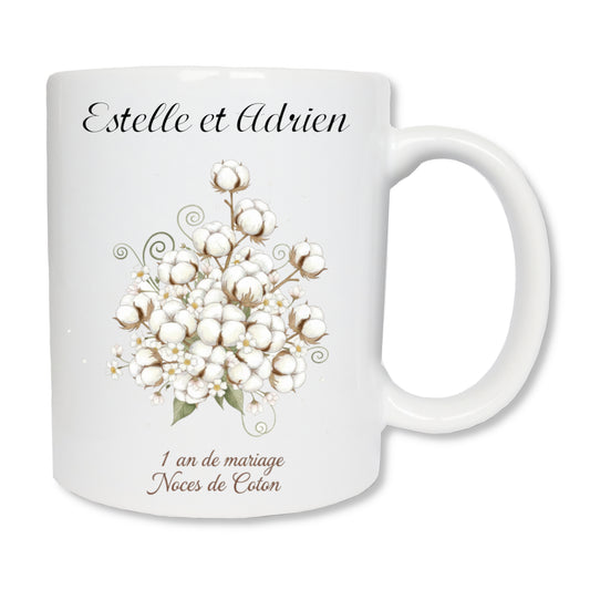 Mug personnalisé 1 an de mariage Noces de coton - cadeau couple anniversaire mariage
