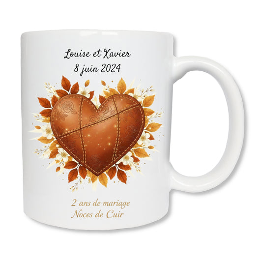Mug personnalisé 2 ans de mariage noces de cuir avec prénoms - cadeau couple
