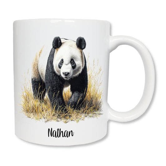 Mug blanc en céramique personnalisé avec un panda qui marche géant et un prénom
