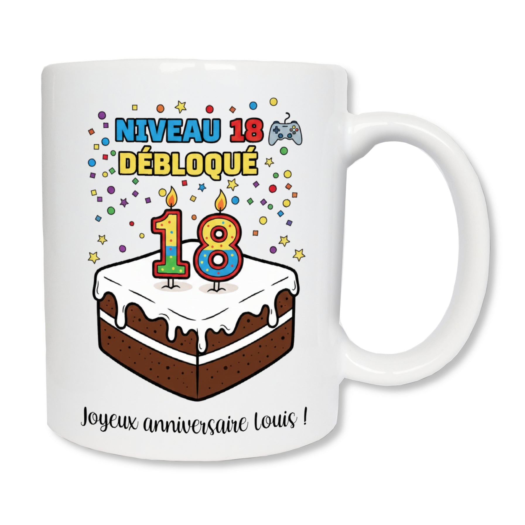 Mug gâteau joyeux anniversaire 18 ans - cadeau majorité original personnalisé
