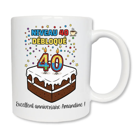 Mug gâteau joyeux anniversaire 40 ans - cadeau anniversaire original personnalisé
