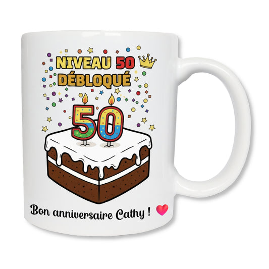 Mug gâteau joyeux anniversaire 50 ans - cadeau anniversaire original personnalisé
