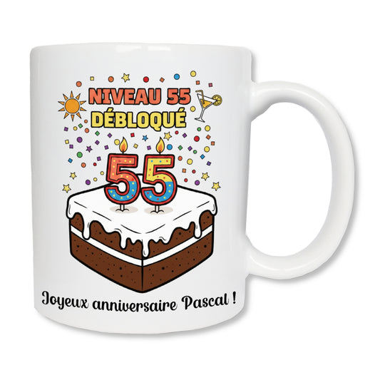 Mug gâteau joyeux anniversaire 55 ans - cadeau anniversaire original personnalisé
