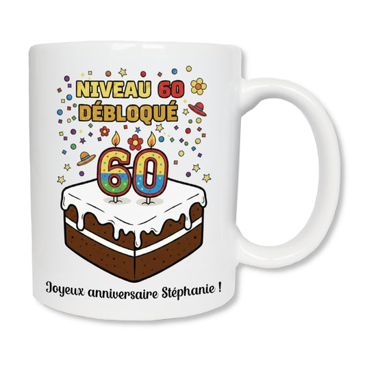 Mug gâteau joyeux anniversaire 60 ans - cadeau anniversaire original personnalisé
