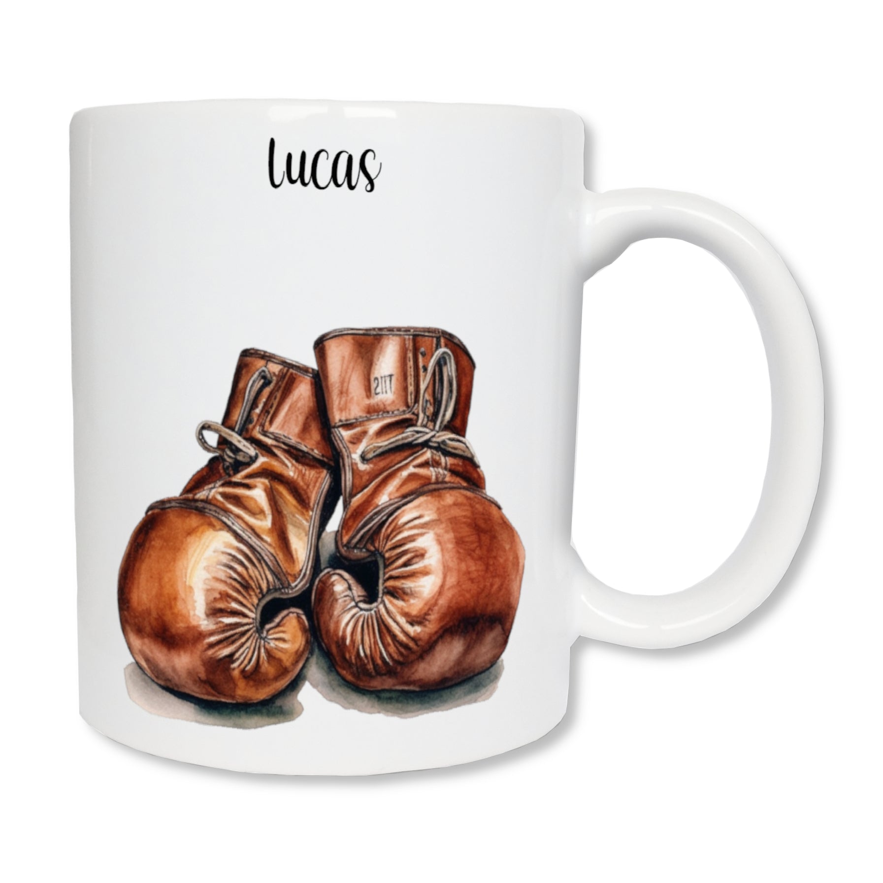 Mug personnalisé en céramique blanc affichant deux gants de boxe et le prénom du boxeur