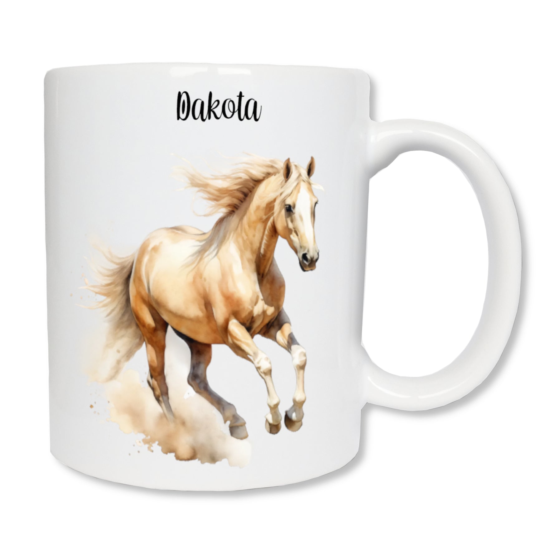 Mug personnalisé en céramique blanc représentant un cheval au galop de couleur crème, avec le prénom "Dakota" au dessus