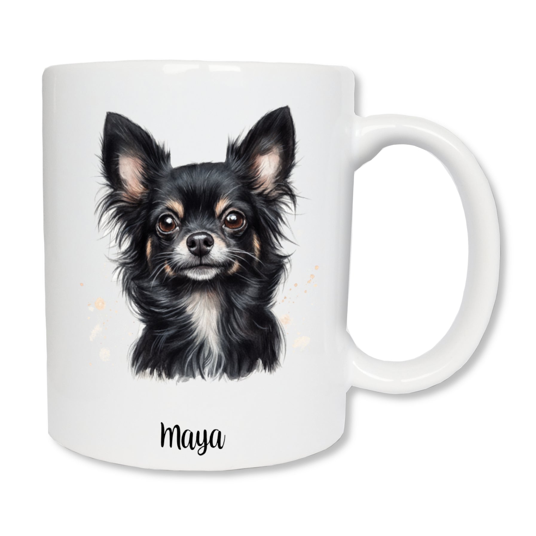 Mug blanc en céramique avec un dessin représentant la tête de face d'un chihuahua noir à poils longs
