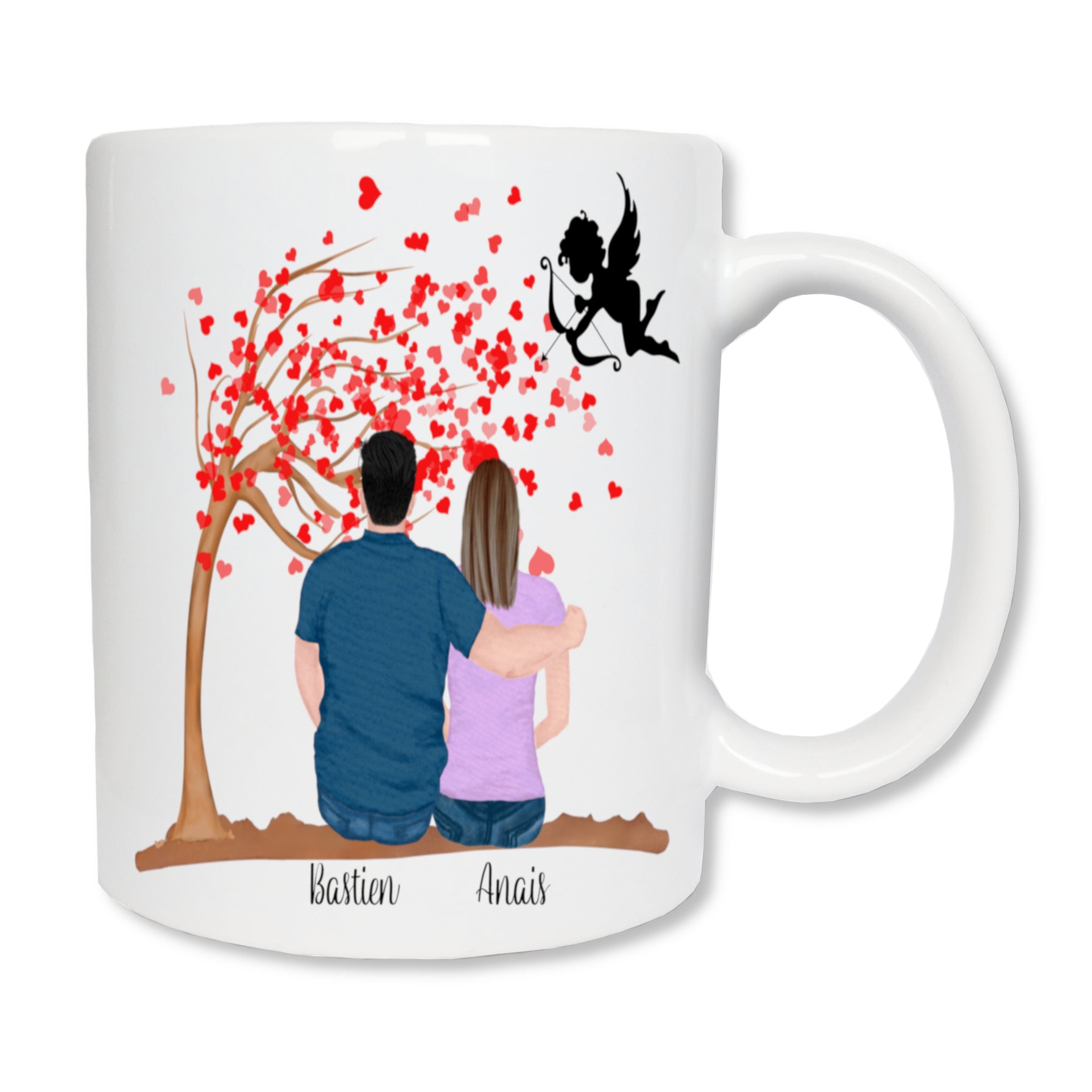 Mug personnalisé en céramique affichant un couple d'amoureux assis, de dos