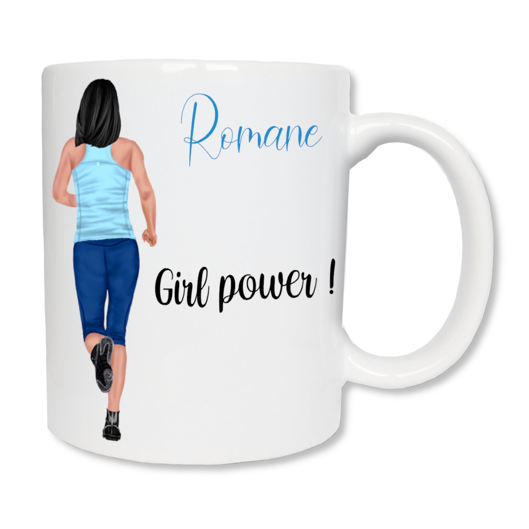 Mug personnalisé en céramique affichant une femme qui fait du jogging. A côté il y a son prénom  et un message