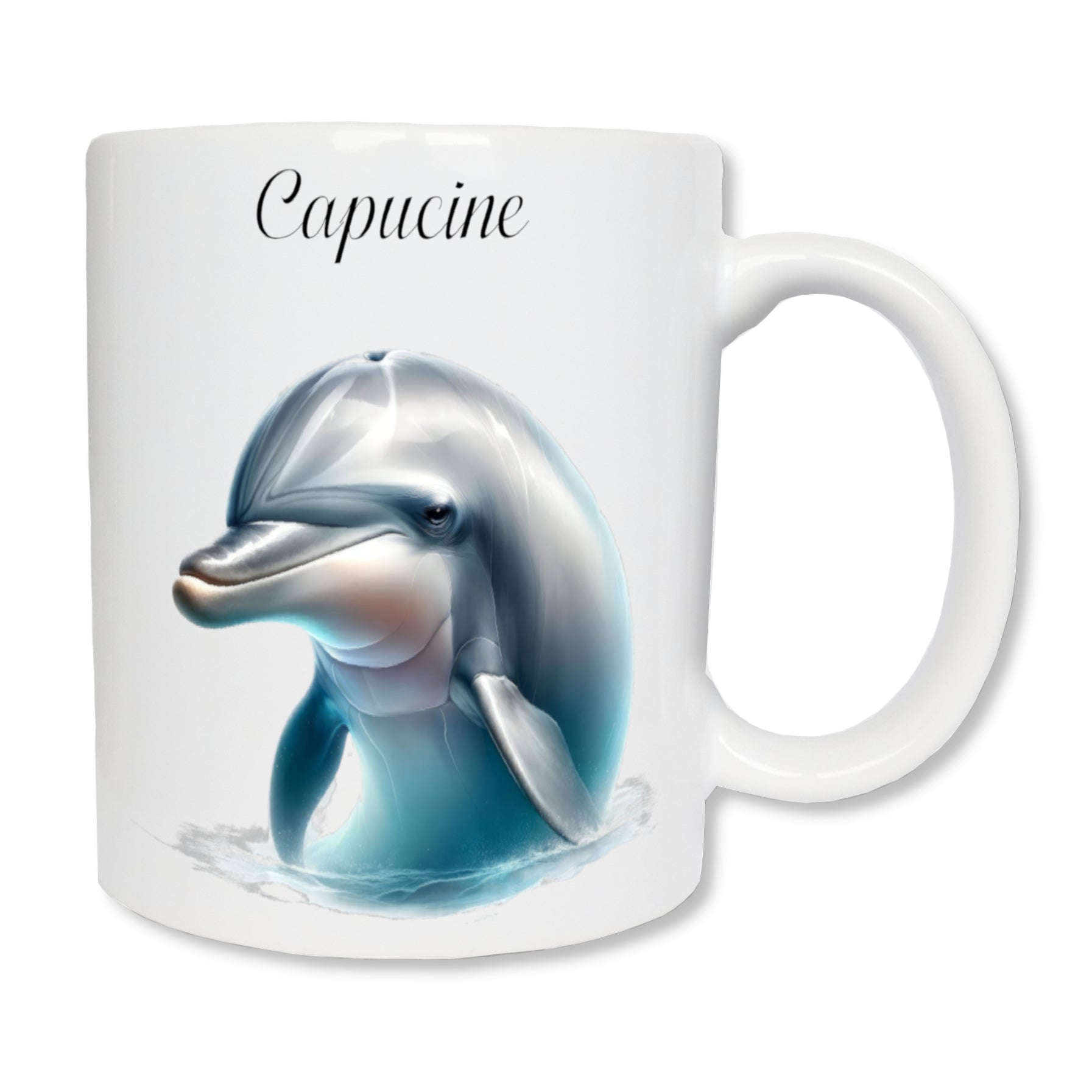 Mug personnalisé en céramique blanc représentant le buste d'un dauphin sortant de l'eau avec un prénom au dessus