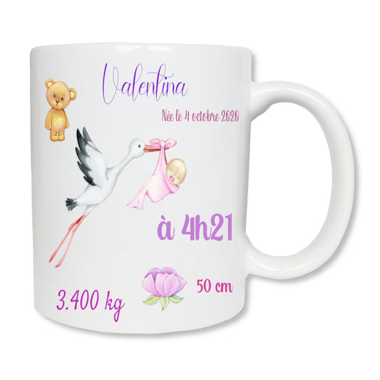 Personalized baby girl birth announcement mug