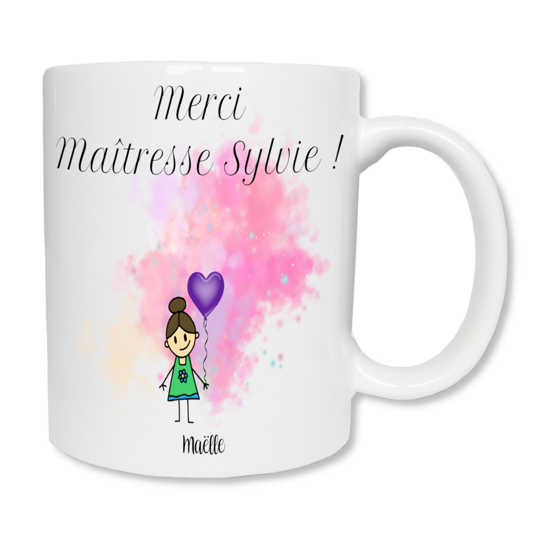 Mug personnalisé en céramique blanc affichant la figurine d'un enfant avec son prénom et en haut un message pour dire "Merci maîtresse"