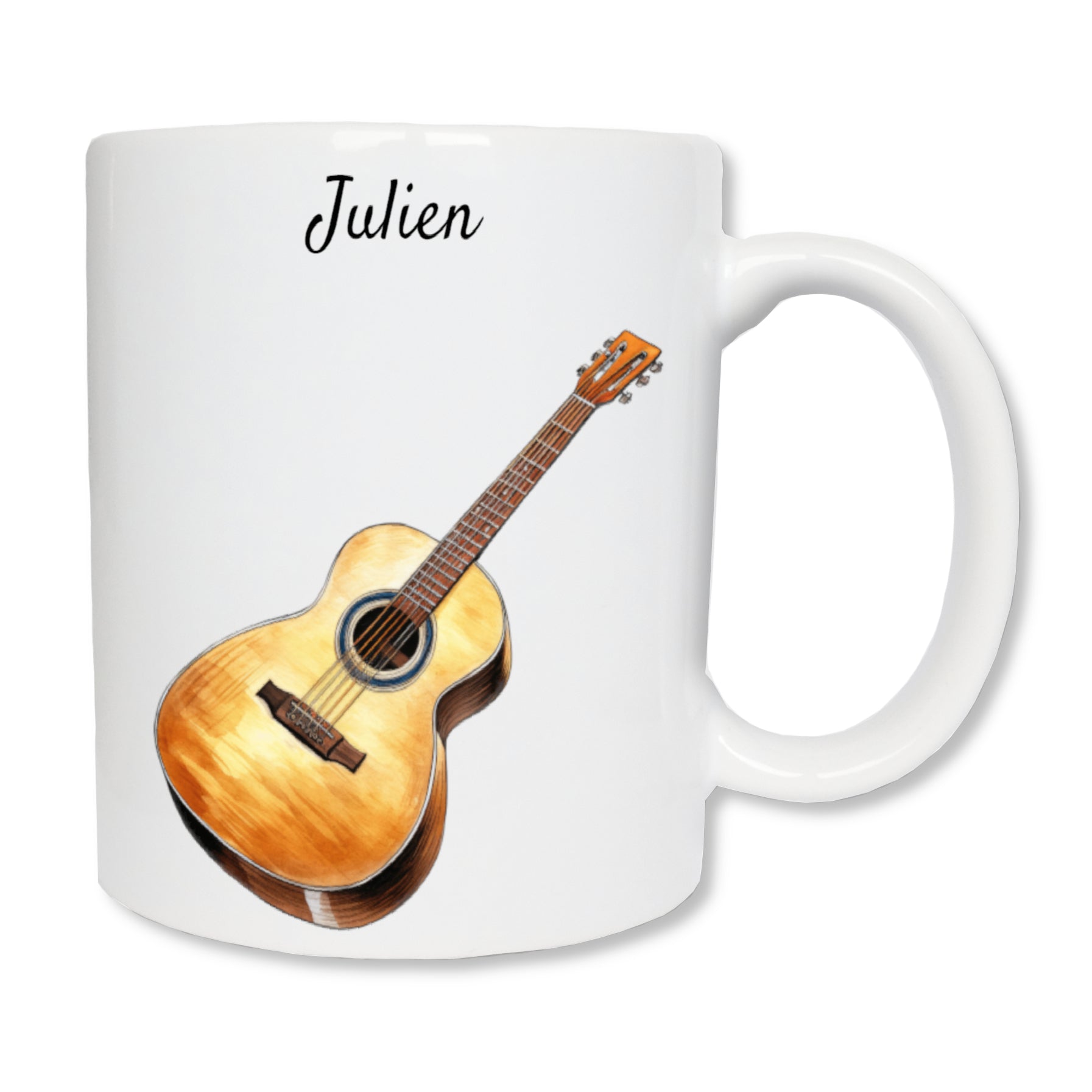 Mug personnalisé en céramique blanc représentant une guitare acoustique marron et un prénom en haut