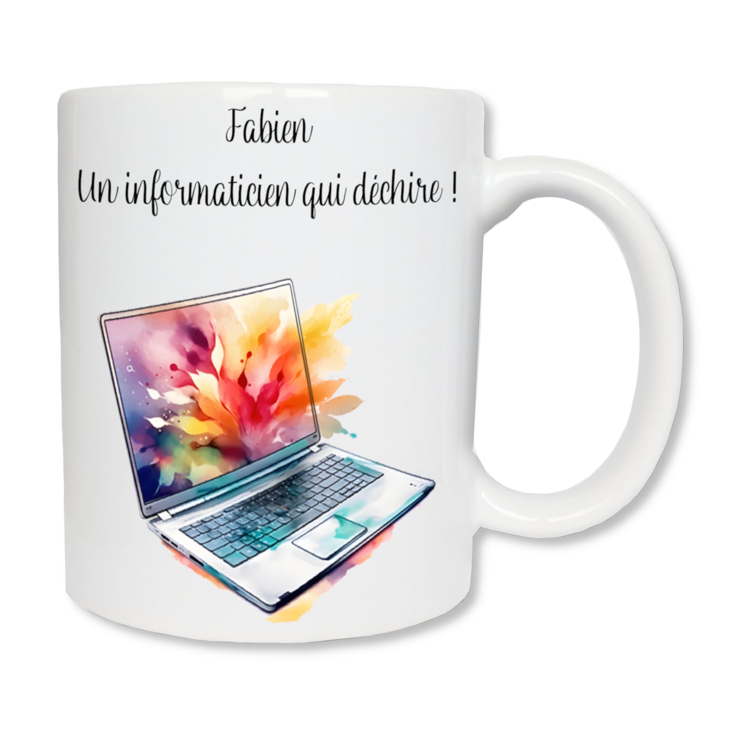 Mug personnalisé en céramique blanc affichant un pc portable. 