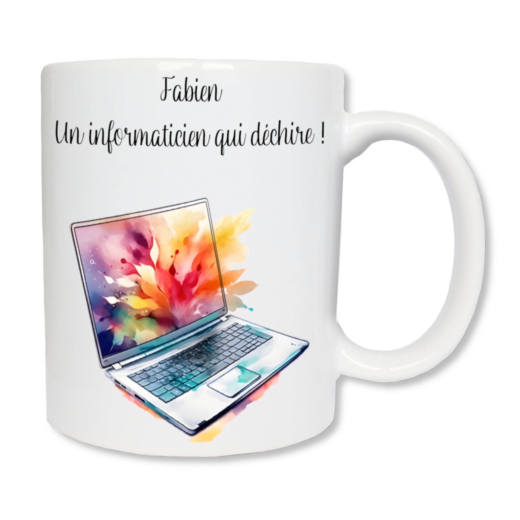 Mug personnalisé en céramique blanc affichant un pc portable. 