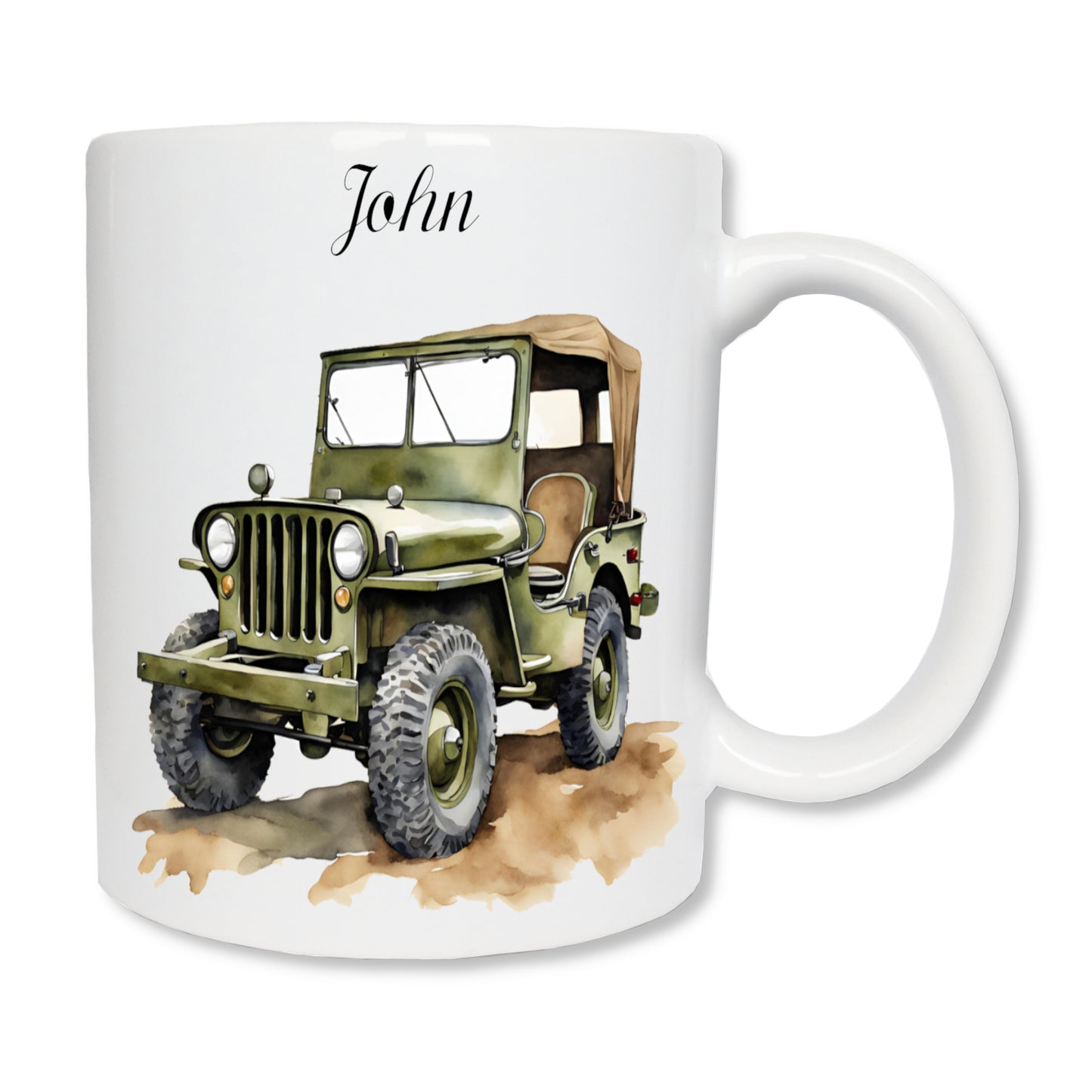 Mug personnalisé avec un prénom et représentant une jeep militaire de couleur verte kaki