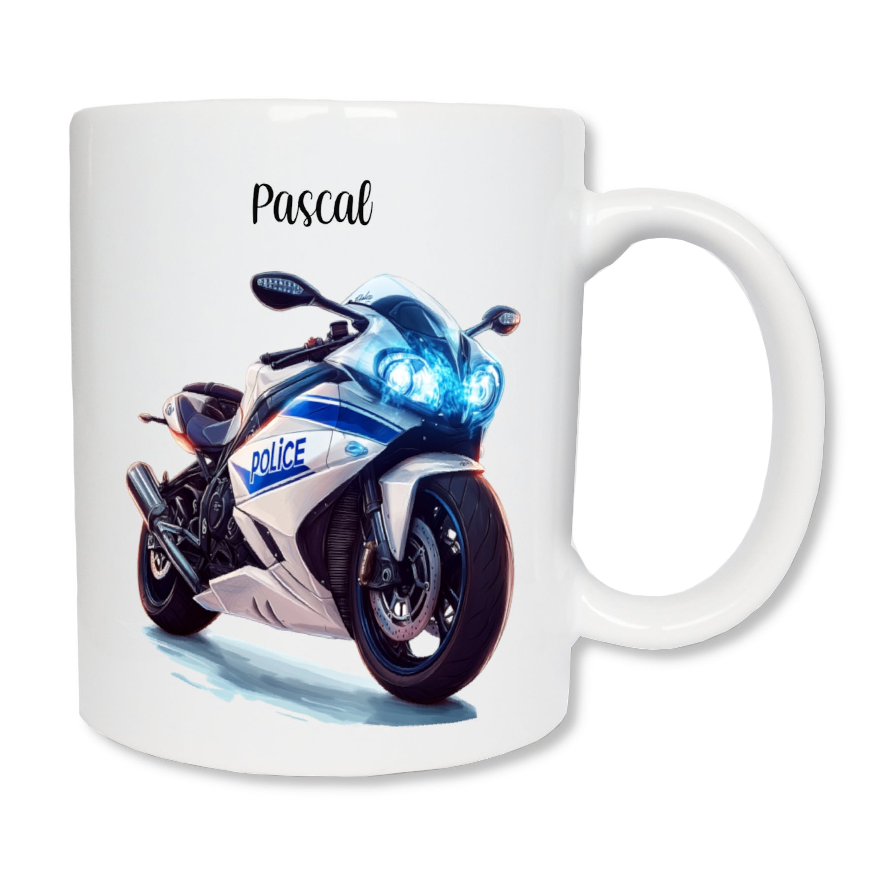 Mug blanc en céramique avec un dessin représentant une moto de police blanche et bleue
