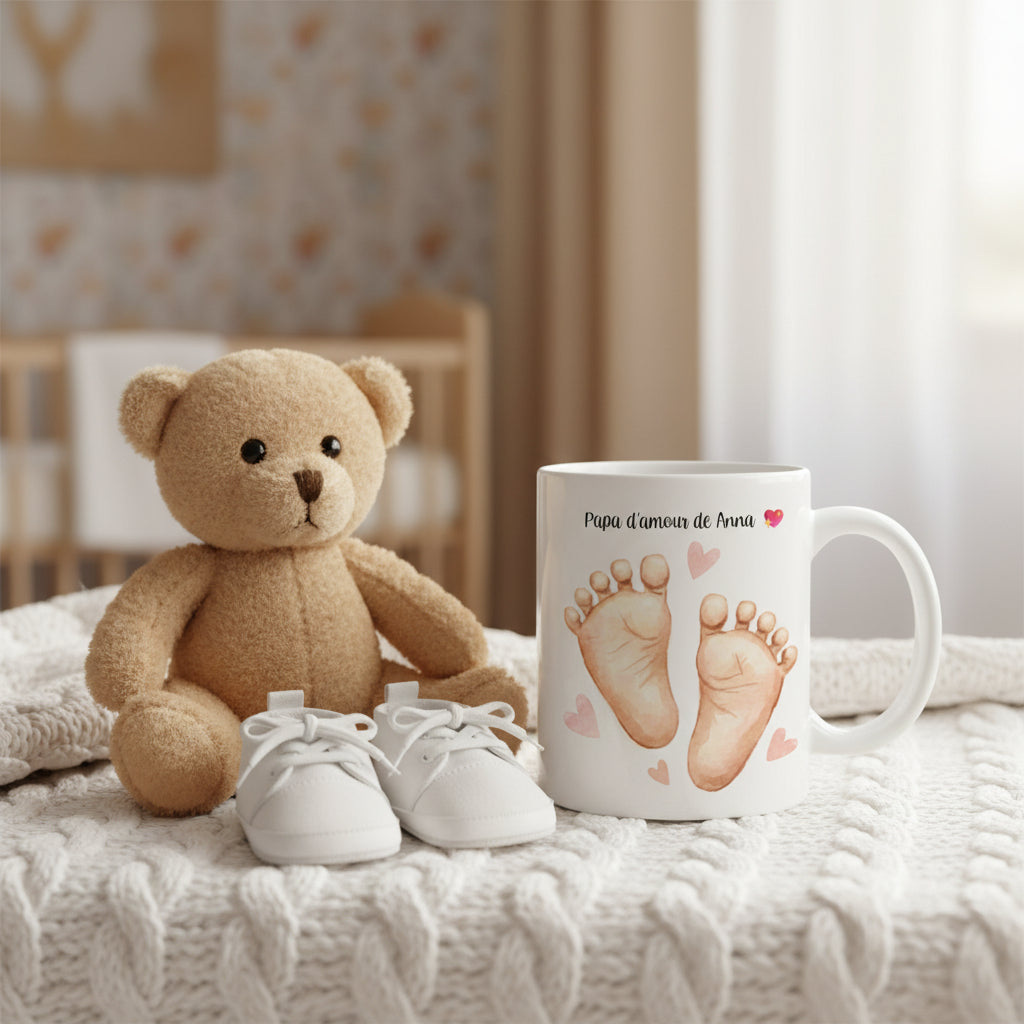 Mug personnalisé naissance mise en situation, cadeau annonce grossesse
