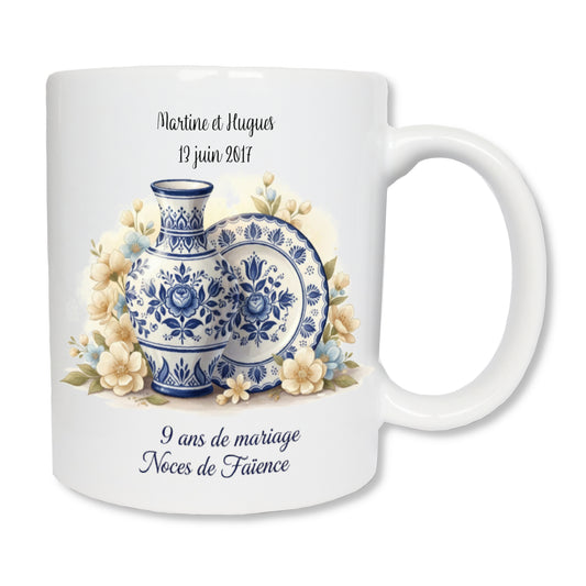 Mug personnalisé 9 ans de mariage noces de faïence avec prénoms - cadeau couple
