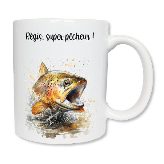 Mug en céramique blanc de 325 ml représentant un poisson et personnalisé avec votre texte. Cadeau pour pêcheur, passionné de pêche.