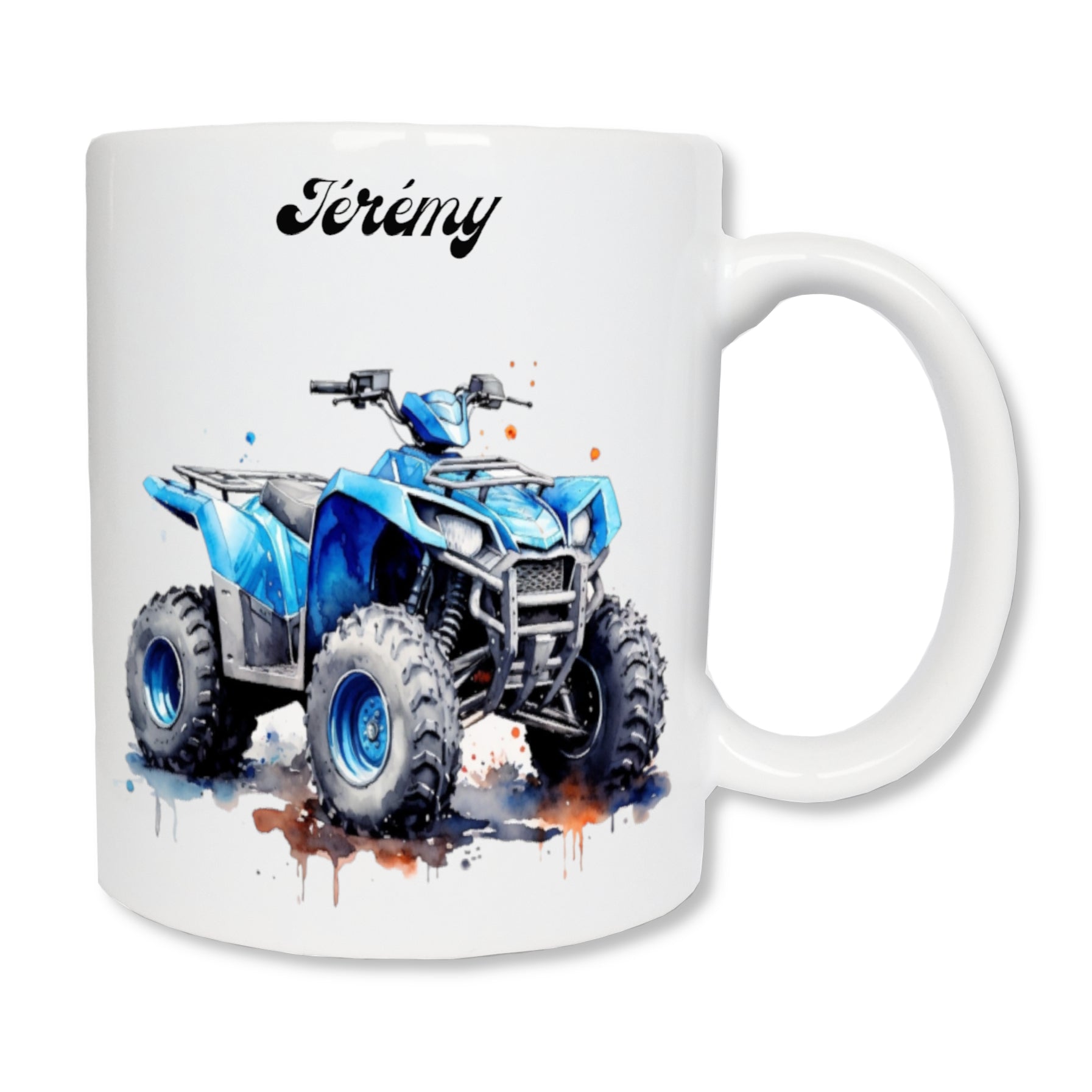 Mug personnalisé en céramique blanc affichant un quad de couleur bleu, et au dessus un prénom