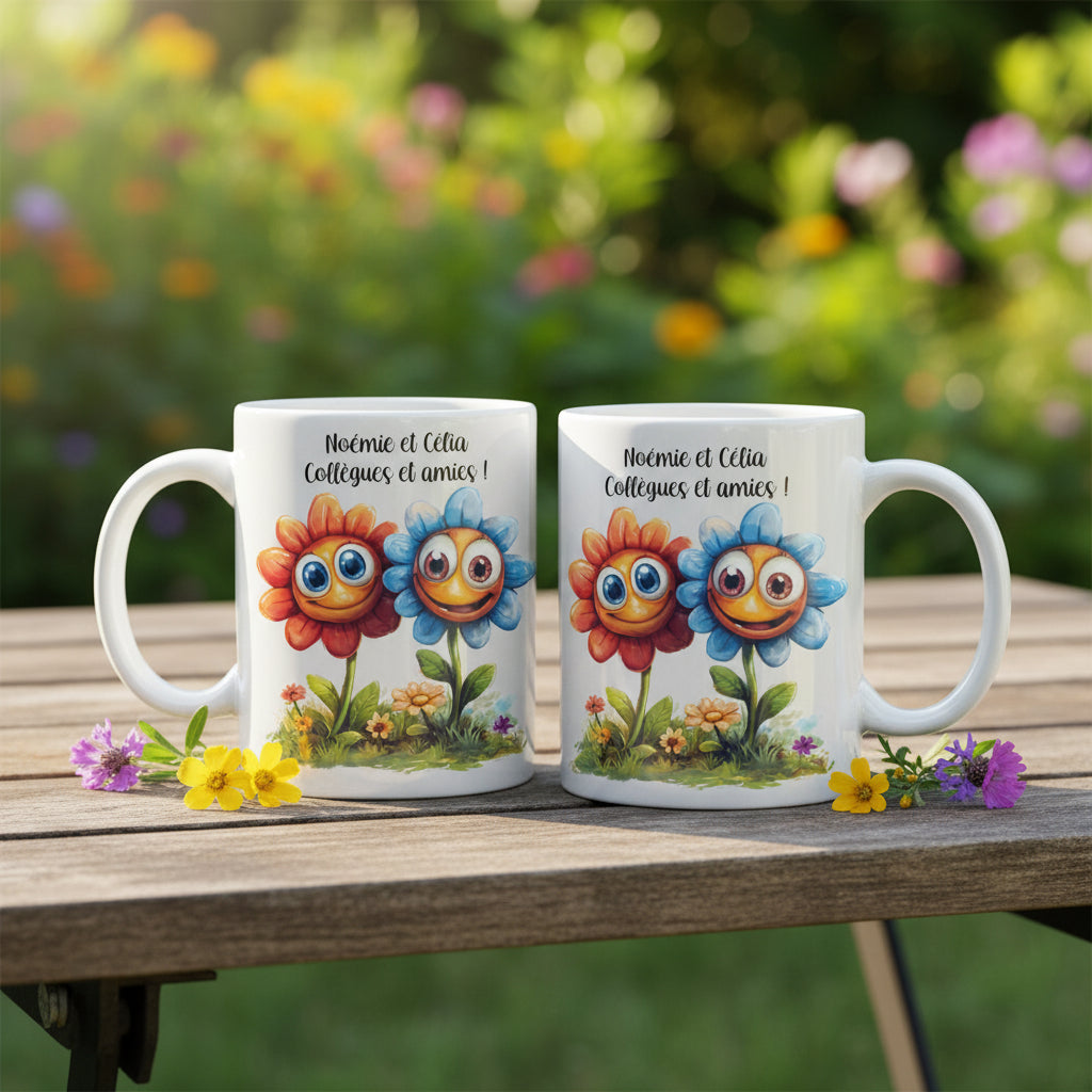 Duo de 2 mugs personnalisés avec texte avec des fleurs amusantes qui sourient - Cadeau pour 2 amies, amitié