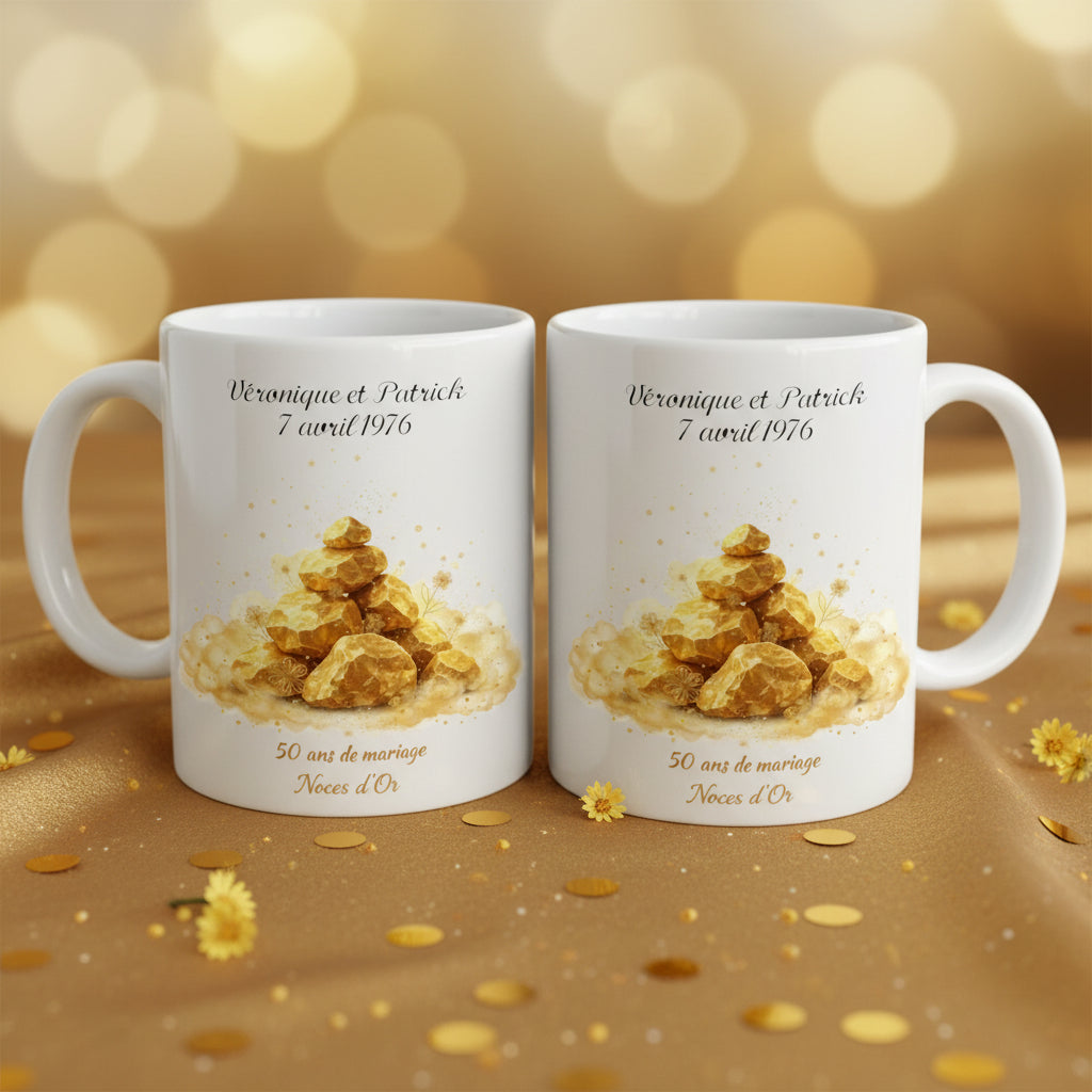 Duo de mugs personnalisés Noces d'Or 50 ans de mariage, deux mugs blancs assortis
