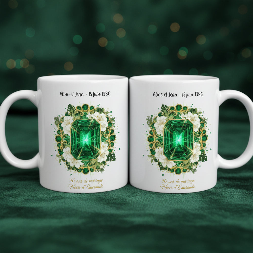 Duo de mugs personnalisés Noces d'Émeraude 40 ans de mariage, deux mugs blancs assortis sur fond vert
