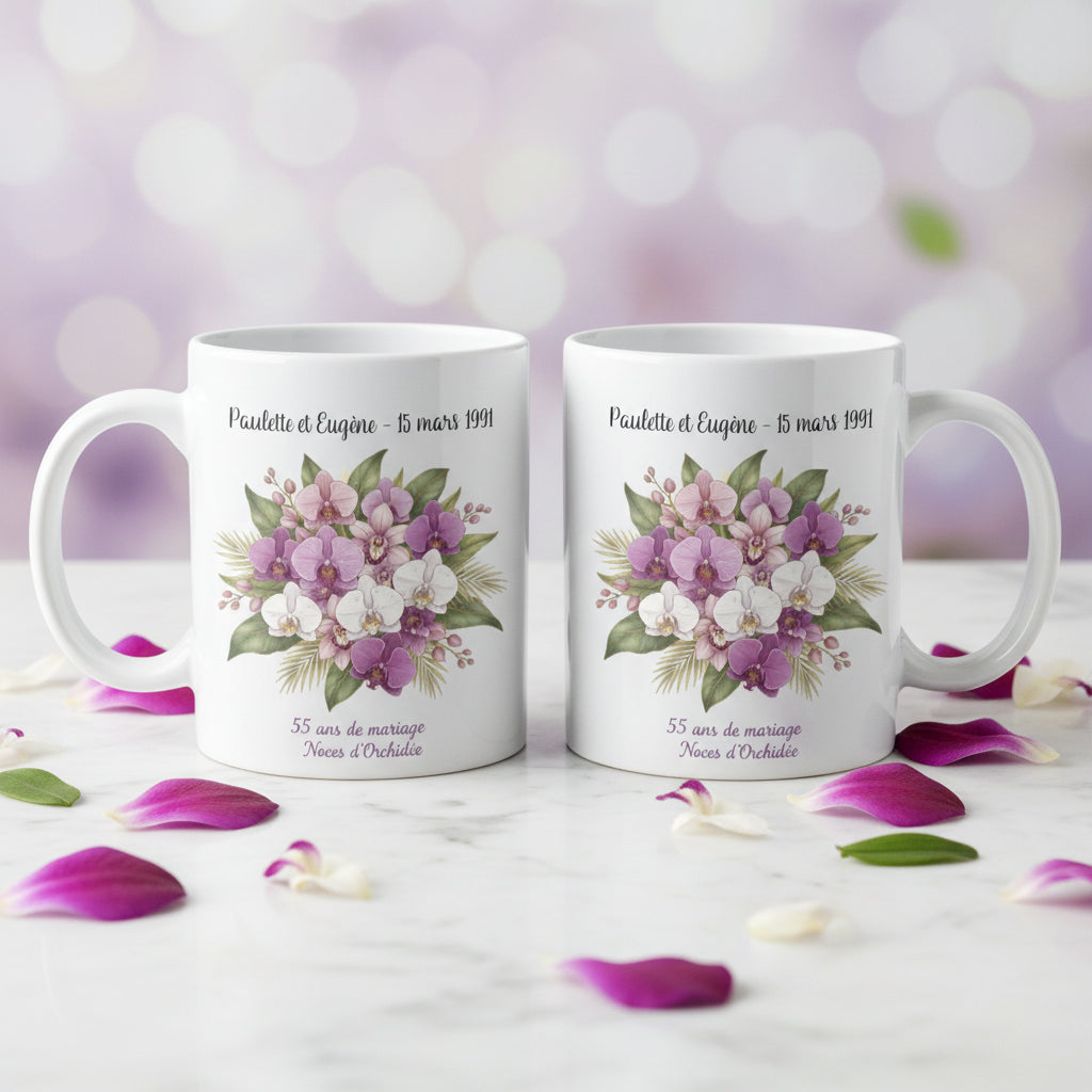 Duo de mugs personnalisés Noces d'Orchidée 55 ans de mariage
