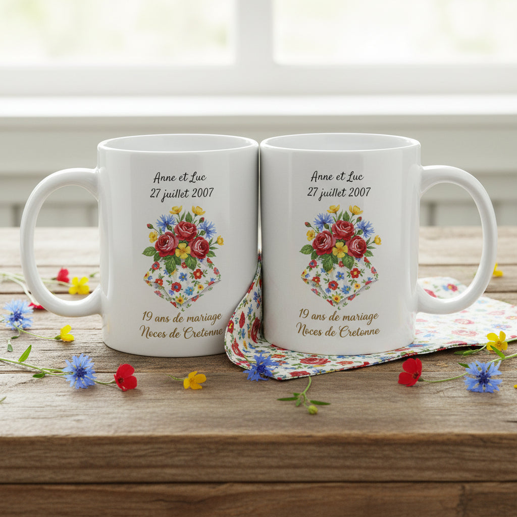 Duo de mugs personnalisés 19 ans de mariage Noces de Cretonne, posés sur une table en bois entourés de fleurs champêtres colorées, illustration tissu fleuri
