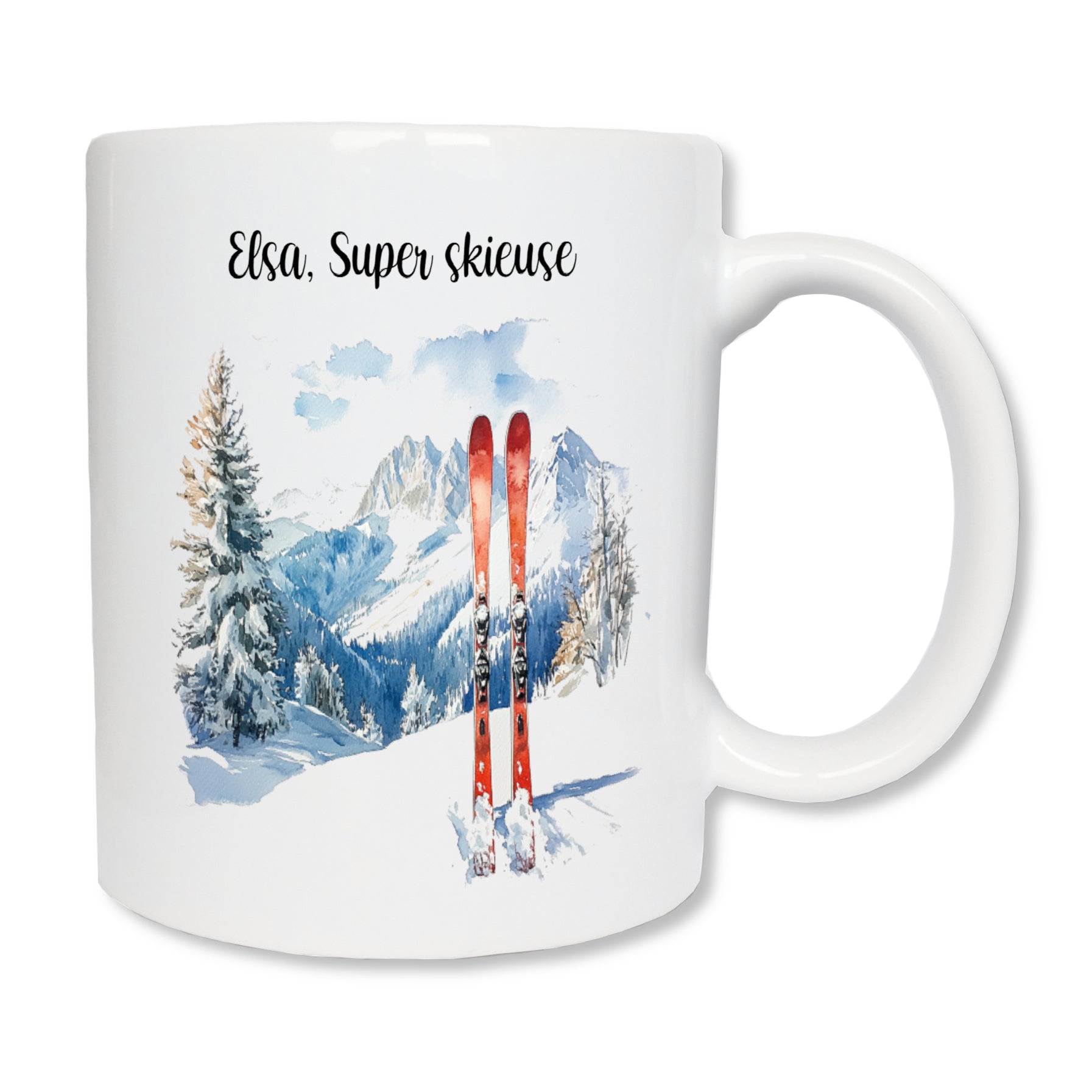 Mug personnalisé  avec un prénom et des skis rouges sur la neige