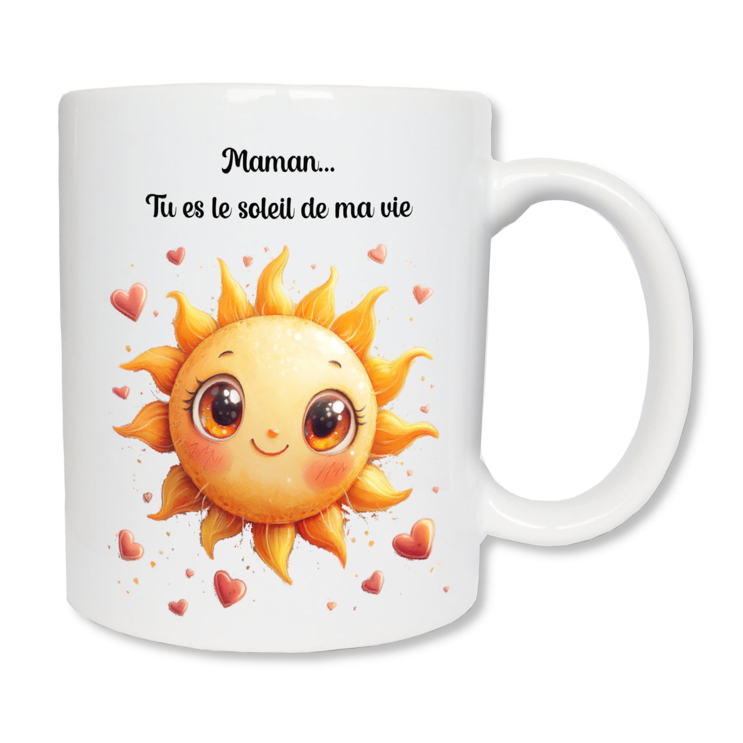 Mug blanc en céramique avec un dessin représentant un soleil qui sourit et entouré de coeurs