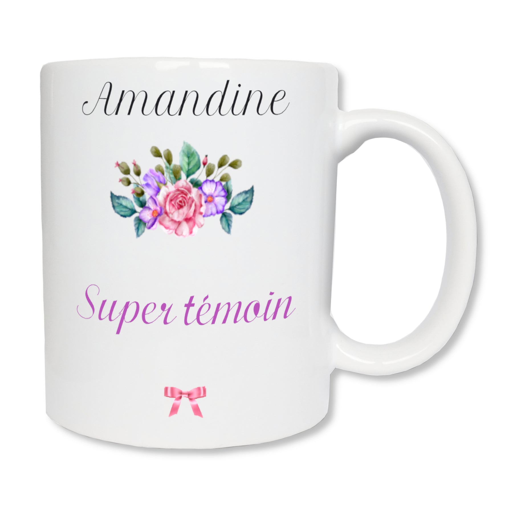 Mug personnalisé en céramique avec un bouquet de fleurs , un prénom et le message "Super témoin'