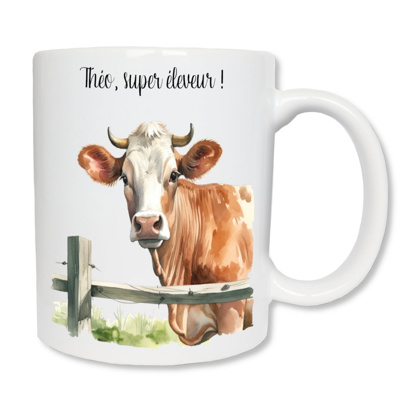 Mug personnalisé en céramique blanc affichant une vache et un message en haut destiné à un éleveur ou fermier