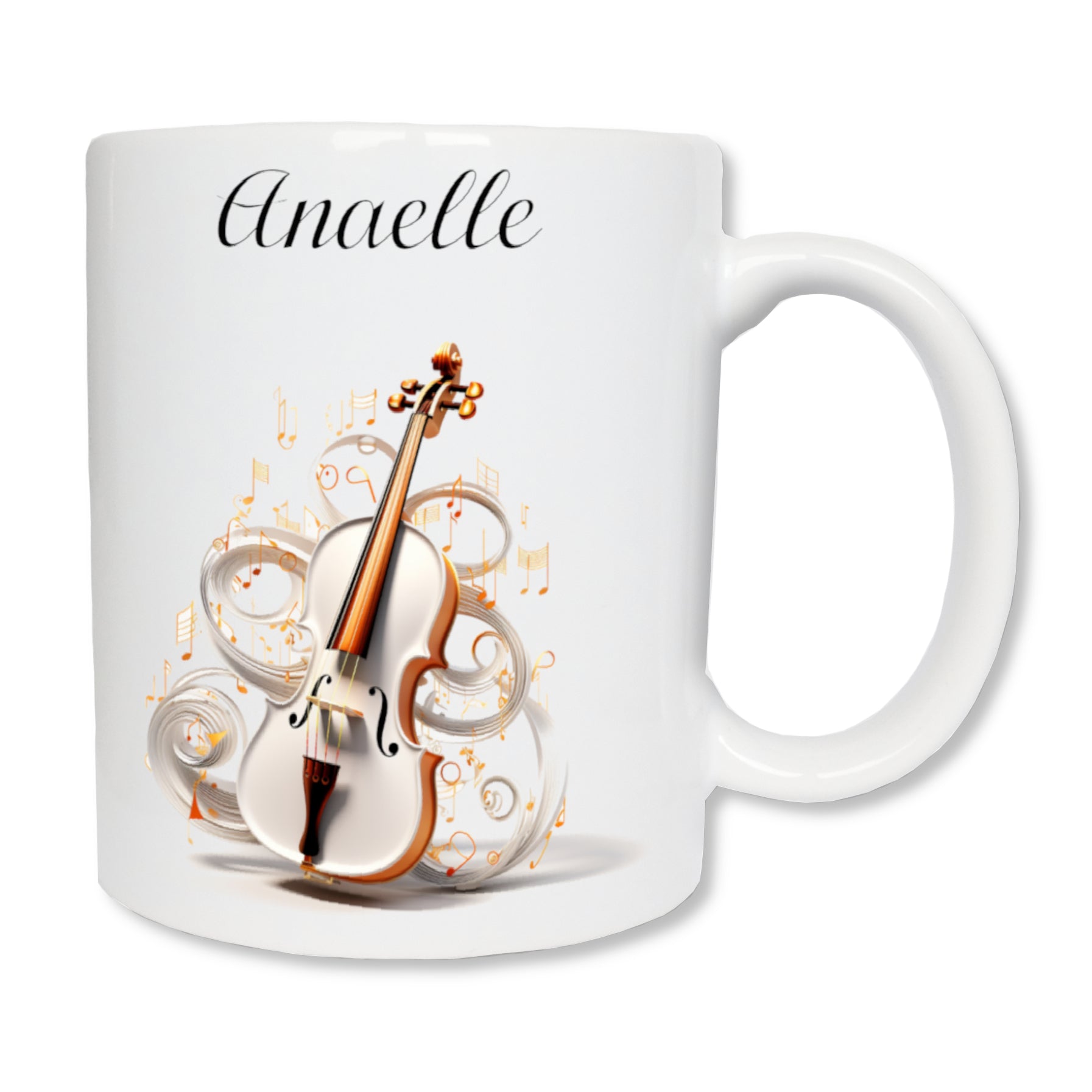 Mug personnalisé en céramique avec un violon blanc et le prénom du (de la) violoniste au dessus