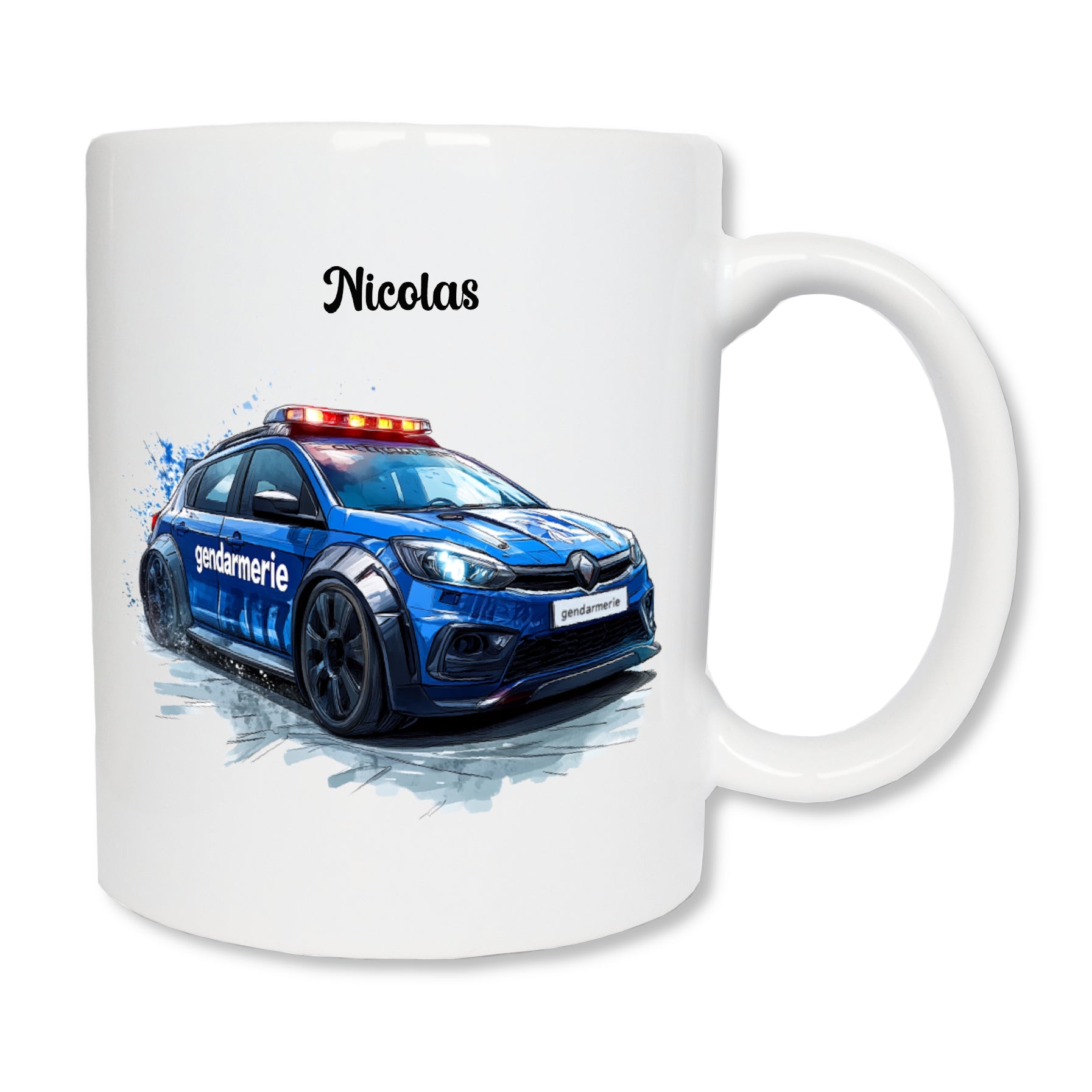 Mug blanc en céramique avec un dessin représentant une voiture de gendarmerie bleue avec les gyrophares