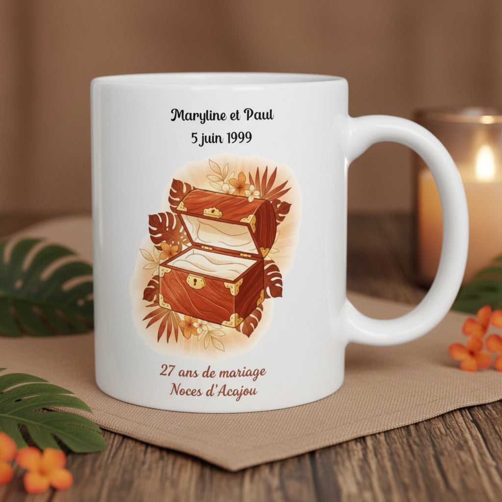 Tasse noces d'acajou personnalisée - idée cadeau anniversaire 27 ans mariage couple

