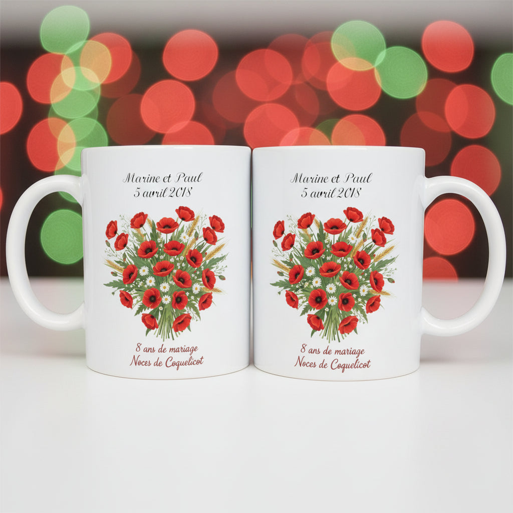 Mug noces de coquelicot personnalisé - idée cadeau anniversaire 8 ans mariage


