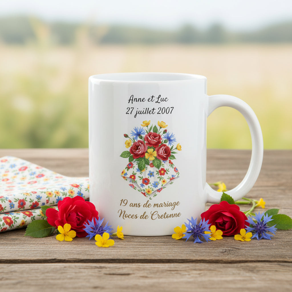 Mug personnalisé 19 ans de mariage Noces de Cretonne, posé sur une table en bois avec roses rouges, bleuets et fleurs champêtres colorées, illustration tissu fleuri
