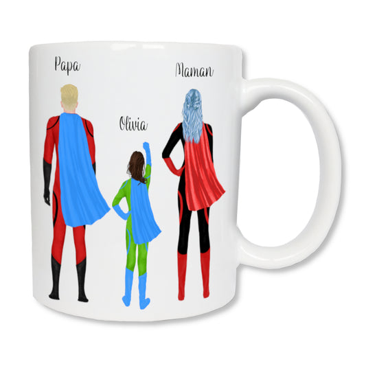 Personalisierte Tasse Familie mit 3 Superhelden