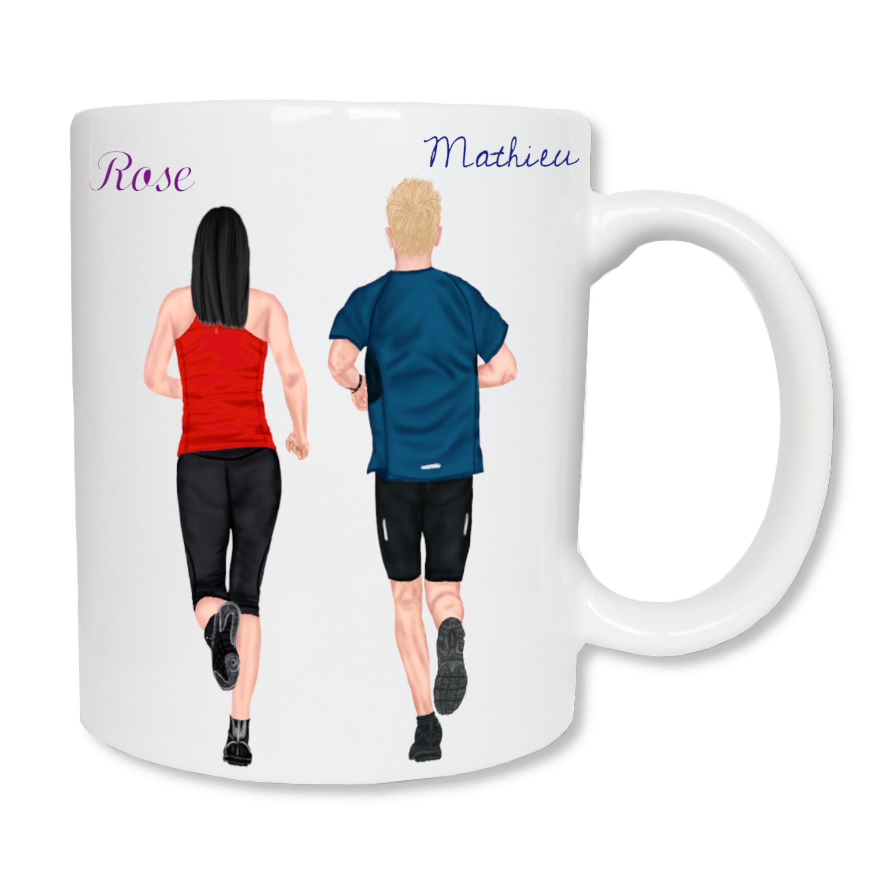 Mug personnalisé en céramique blanc affichant un homme et une femme, de dos, qui font du jogging