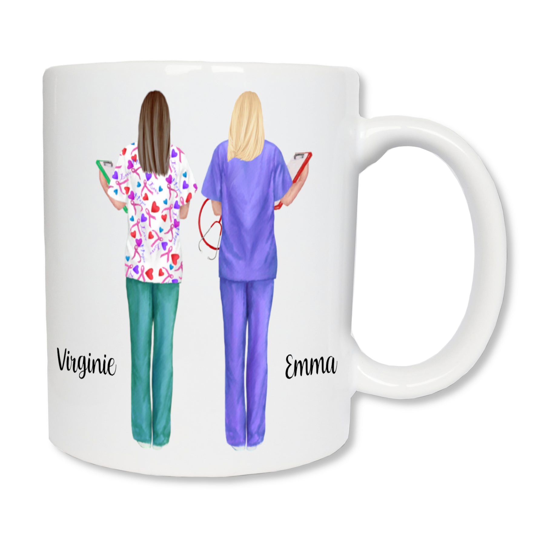 Mug personnalisé en céramique blanc affichant deux infirmières, de dos, avec leurs prénoms à côté