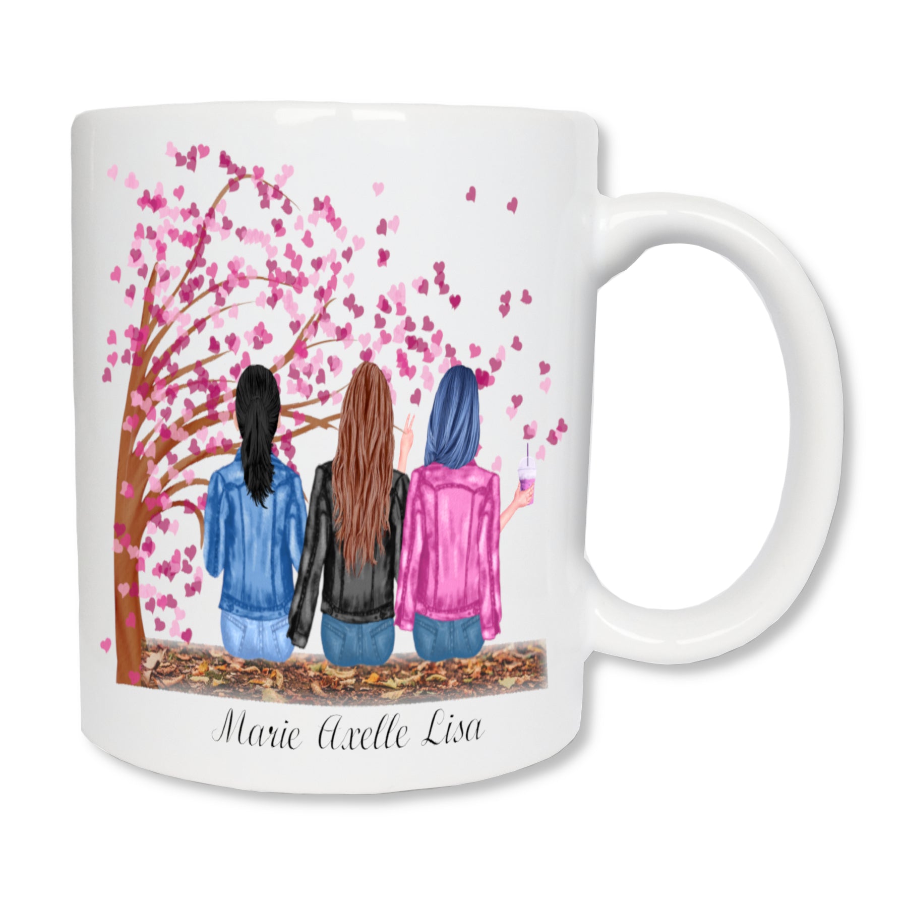 Mug personnalisé en céramique de couleur blanc affichant trois amies assises de dos sur des feuilles