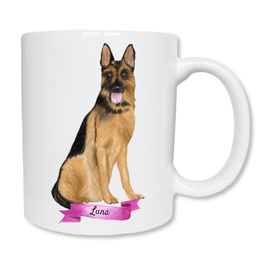 Mug personnalisé en céramique blanc affichant un berger allemand de face. En bas il y a une banderole rose avec son prénom