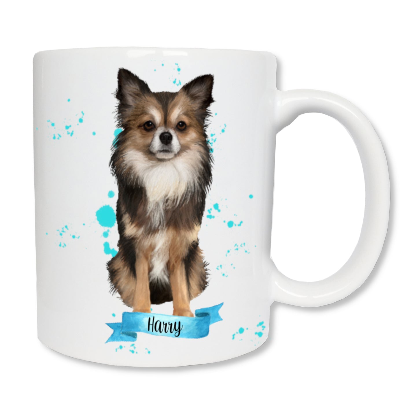 Personalisierte Tasse mit langhaarigem Chihuahua-Hund und seinem Vornamen