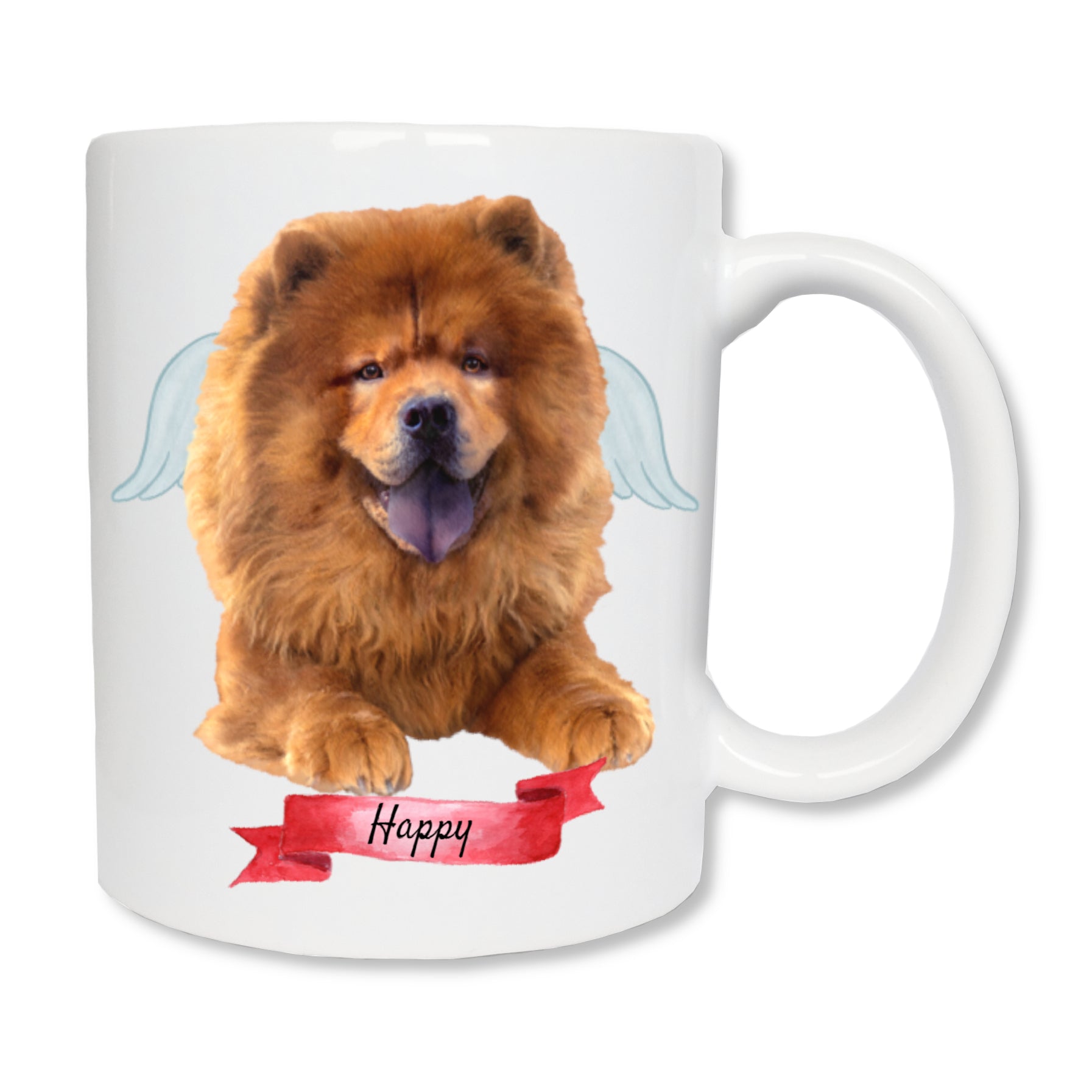 Mug personnalisé en céramique blanc affichant un chien chow-chow marron debout et de face. En bas, il y a une banderole rouge avec son prénom