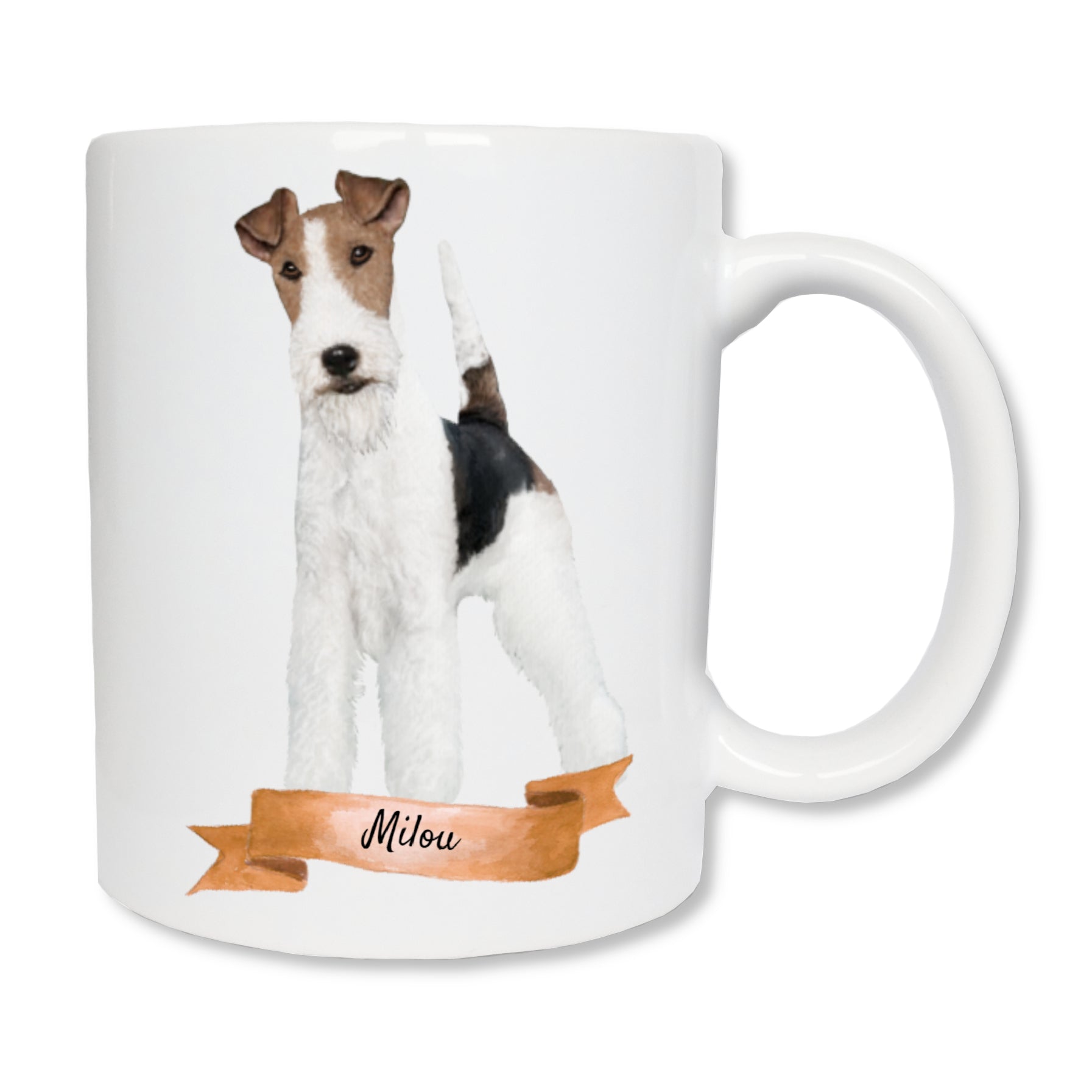 Mug personnalisé en céramique blanc affichant un fox terrier de couleur crème avec son prénom